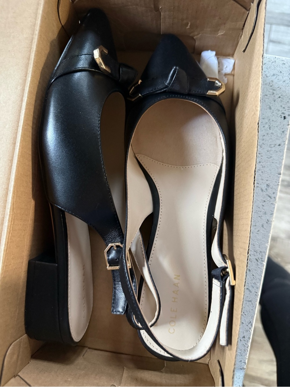 Cole Haan Black Leather Pointed Slingback Flats with Gold Accents